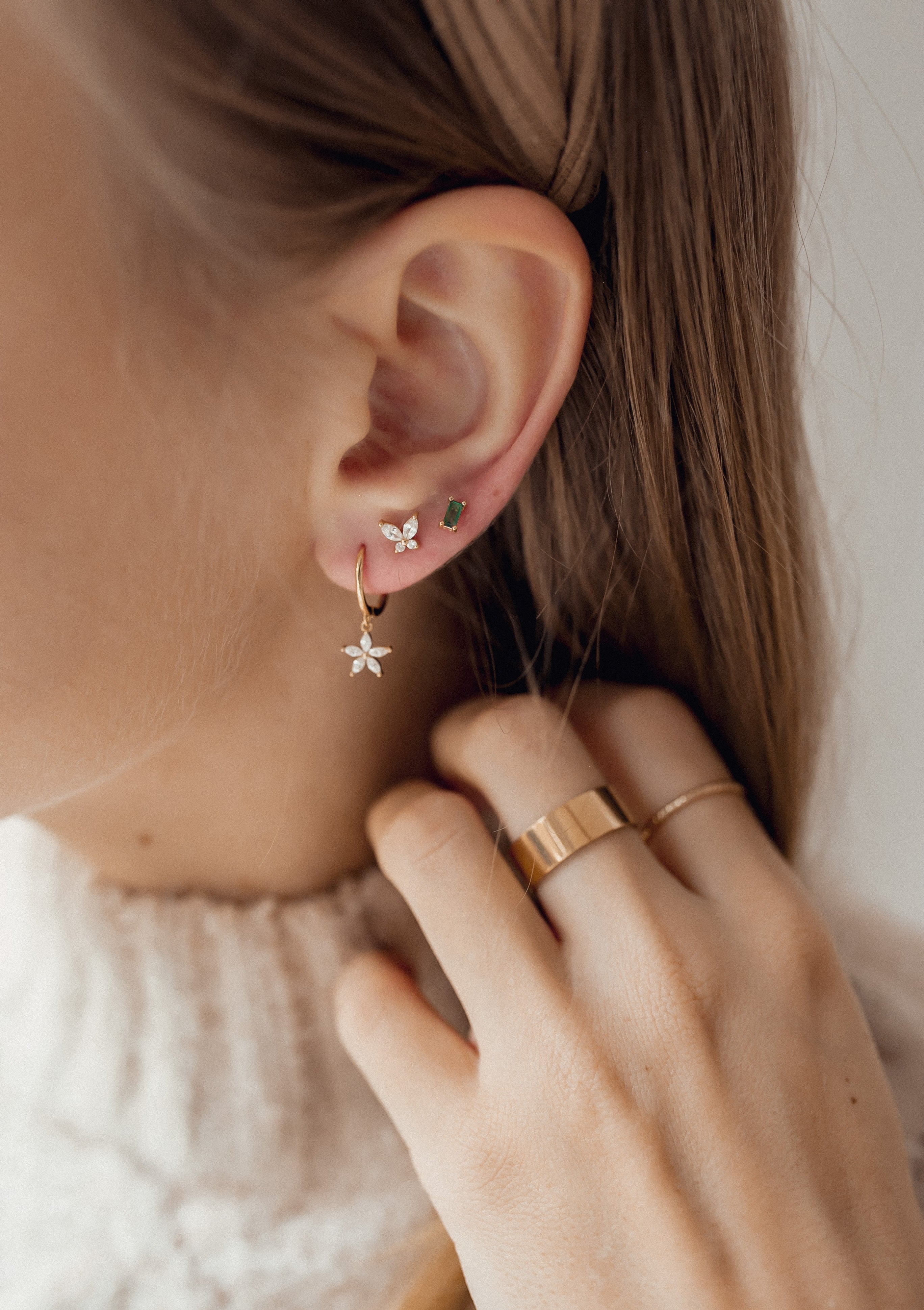 Gemstone Daisy Huggie Earrings Sterling Silver